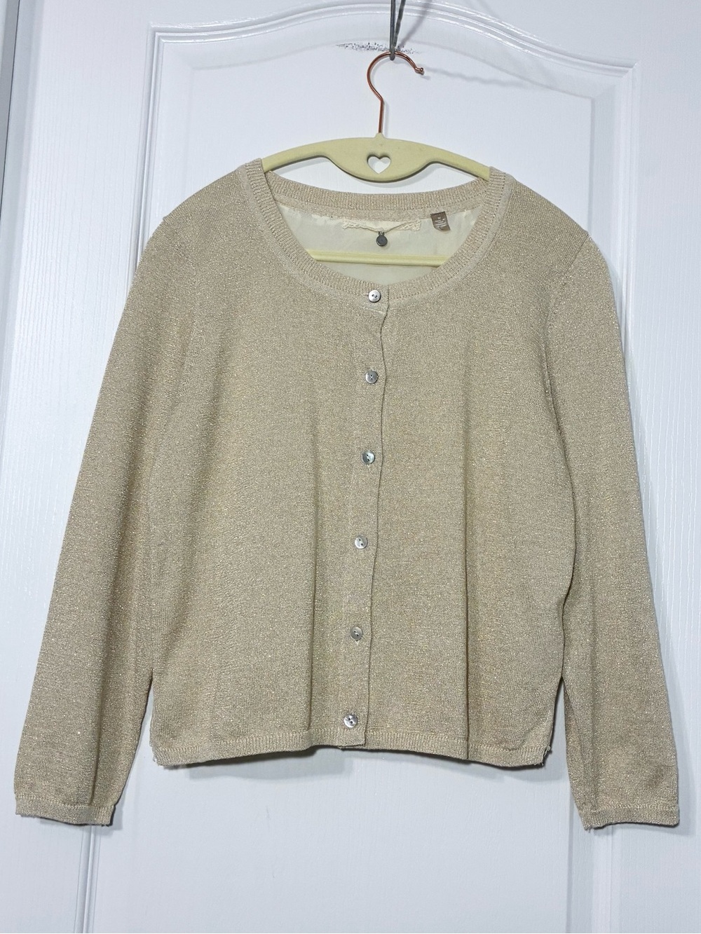 Anthro Knitted & Knotted Lace Back Metallic Gold Cropped Cardigan Size Medium